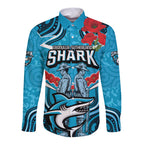 Custom Sharks Rugby ANZAC Long Sleeve Button Shirt Gallipoli Soldier With Aboriginal Art