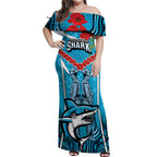 Custom Sharks Rugby ANZAC Off Shoulder Maxi Dress Gallipoli Soldier With Aboriginal Art