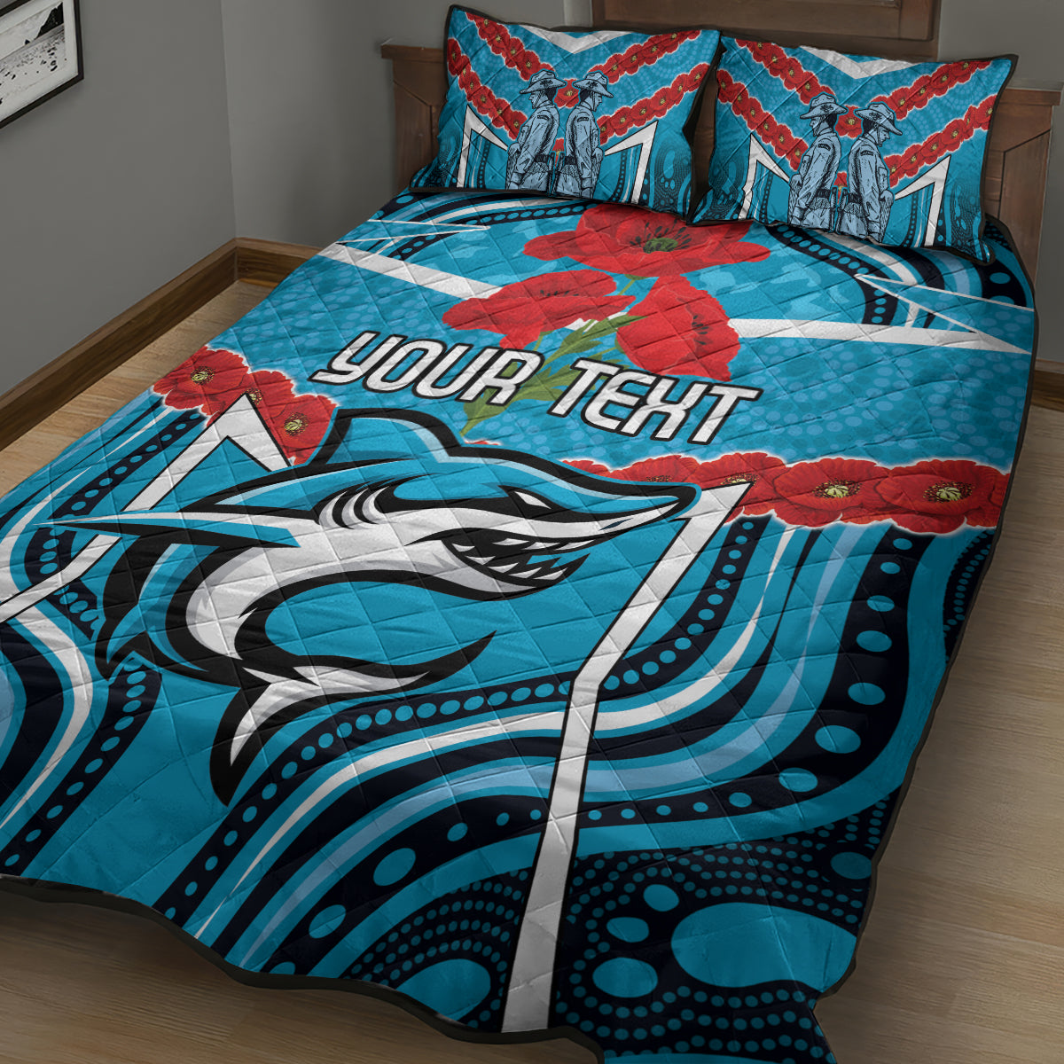 Custom Sharks Rugby ANZAC Quilt Bed Set Gallipoli Soldier With Aboriginal Art