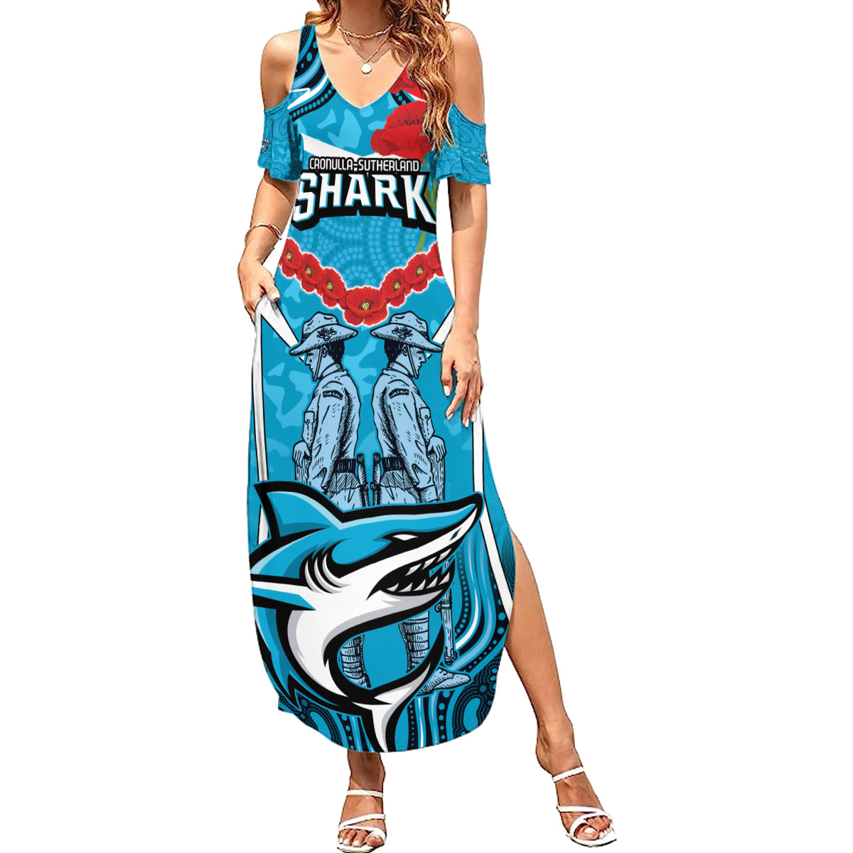 Custom Sharks Rugby ANZAC Summer Maxi Dress Gallipoli Soldier With Aboriginal Art