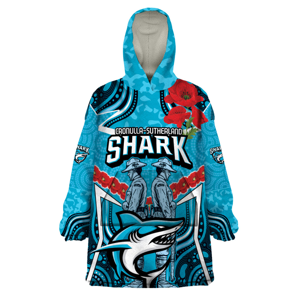 Custom Sharks Rugby ANZAC Wearable Blanket Hoodie Gallipoli Soldier With Aboriginal Art
