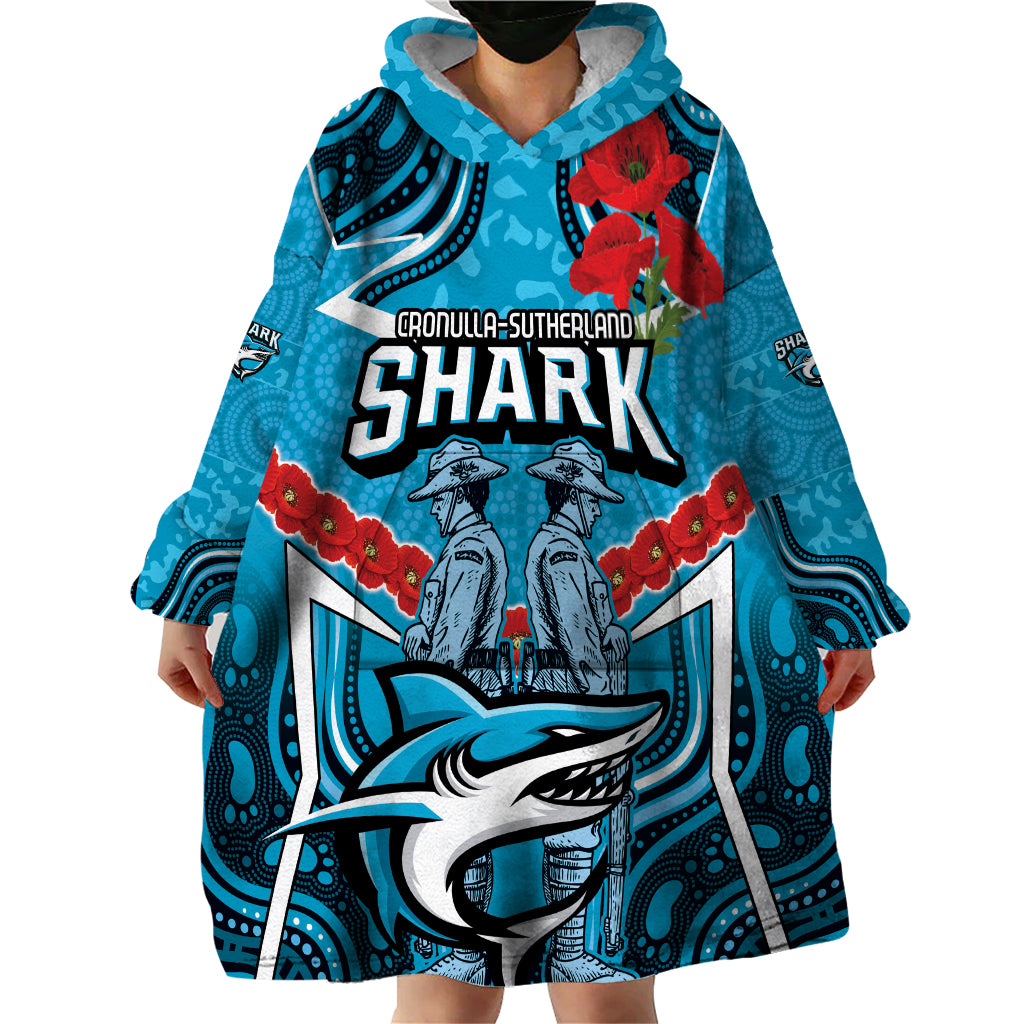 Custom Sharks Rugby ANZAC Wearable Blanket Hoodie Gallipoli Soldier With Aboriginal Art