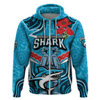Custom Sharks Rugby ANZAC Zip Hoodie Gallipoli Soldier With Aboriginal Art