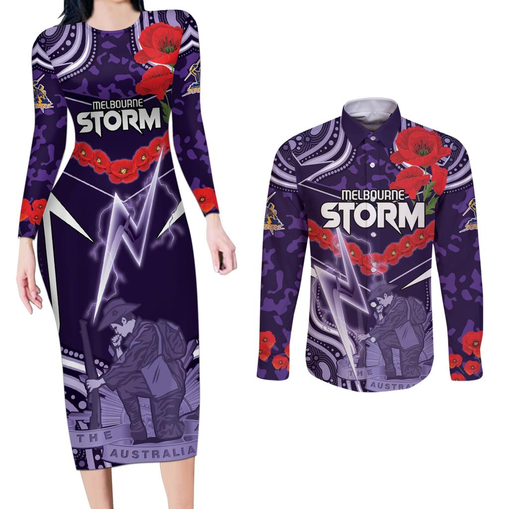 Custom Storm Rugby ANZAC Couples Matching Long Sleeve Bodycon Dress and Long Sleeve Button Shirt Melbourne Gallipoli Soldier With Aboriginal Art