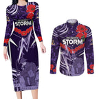 Custom Storm Rugby ANZAC Couples Matching Long Sleeve Bodycon Dress and Long Sleeve Button Shirt Melbourne Gallipoli Soldier With Aboriginal Art