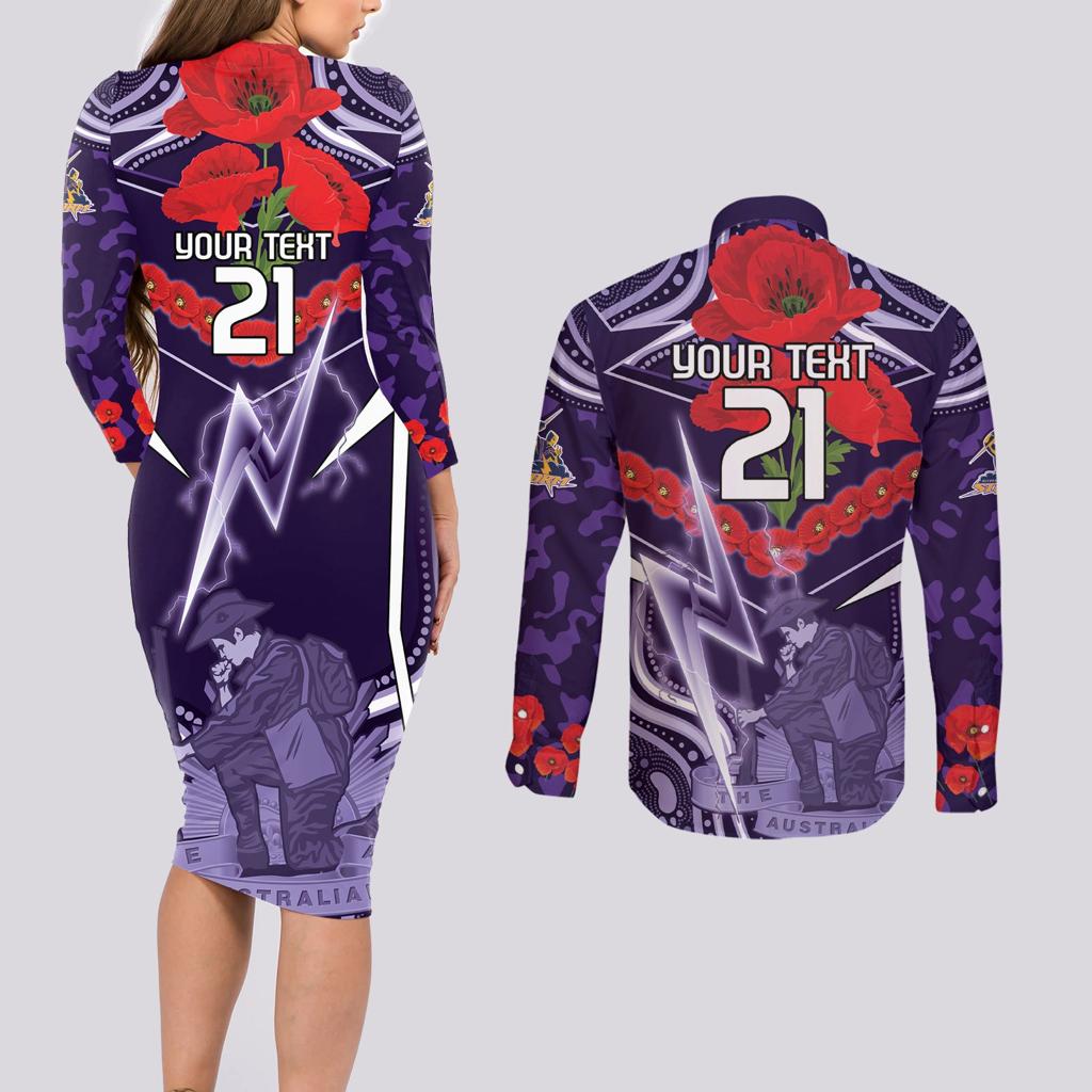 Custom Storm Rugby ANZAC Couples Matching Long Sleeve Bodycon Dress and Long Sleeve Button Shirt Melbourne Gallipoli Soldier With Aboriginal Art