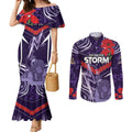 Custom Storm Rugby ANZAC Couples Matching Mermaid Dress and Long Sleeve Button Shirt Melbourne Gallipoli Soldier With Aboriginal Art