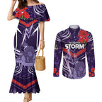 Custom Storm Rugby ANZAC Couples Matching Mermaid Dress and Long Sleeve Button Shirt Melbourne Gallipoli Soldier With Aboriginal Art