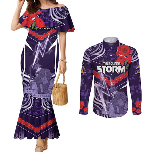 Custom Storm Rugby ANZAC Couples Matching Mermaid Dress and Long Sleeve Button Shirt Melbourne Gallipoli Soldier With Aboriginal Art