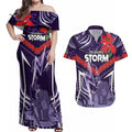 Custom Storm Rugby ANZAC Couples Matching Off Shoulder Maxi Dress and Hawaiian Shirt Melbourne Gallipoli Soldier With Aboriginal Art