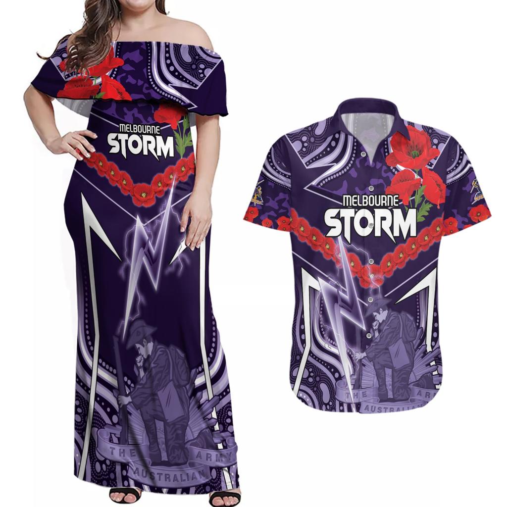 Custom Storm Rugby ANZAC Couples Matching Off Shoulder Maxi Dress and Hawaiian Shirt Melbourne Gallipoli Soldier With Aboriginal Art
