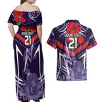 Custom Storm Rugby ANZAC Couples Matching Off Shoulder Maxi Dress and Hawaiian Shirt Melbourne Gallipoli Soldier With Aboriginal Art