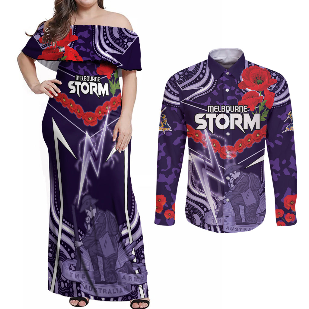Custom Storm Rugby ANZAC Couples Matching Off Shoulder Maxi Dress and Long Sleeve Button Shirt Melbourne Gallipoli Soldier With Aboriginal Art