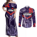 Custom Storm Rugby ANZAC Couples Matching Off Shoulder Maxi Dress and Long Sleeve Button Shirt Melbourne Gallipoli Soldier With Aboriginal Art