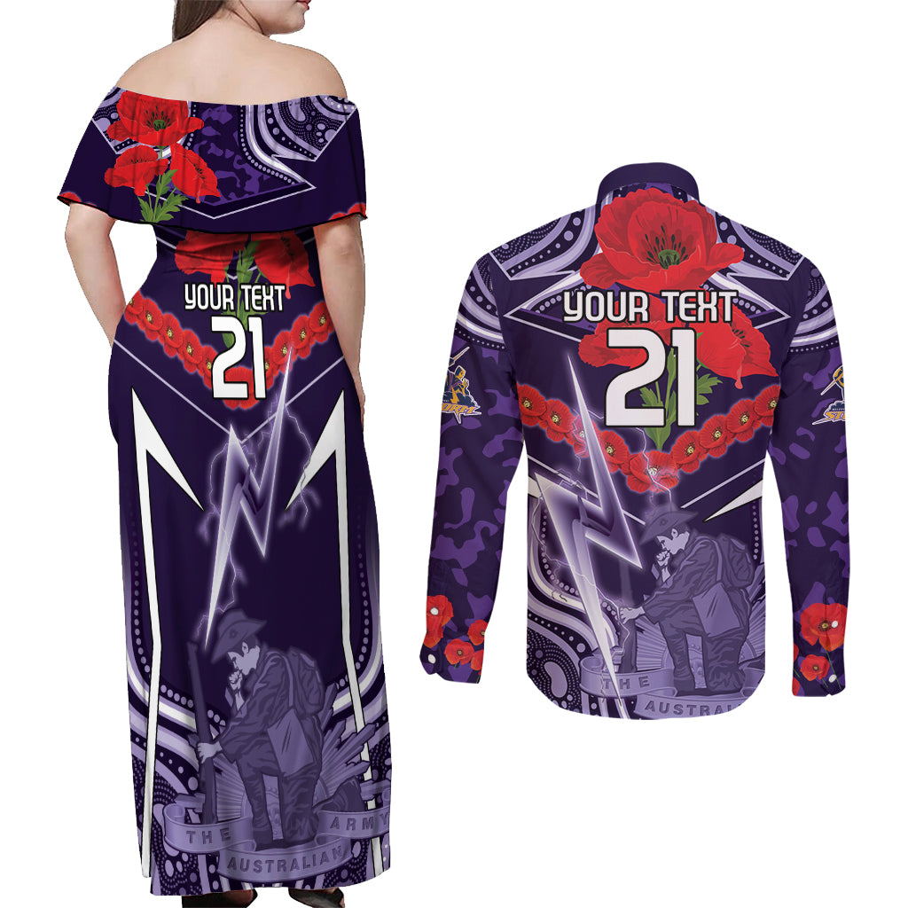 Custom Storm Rugby ANZAC Couples Matching Off Shoulder Maxi Dress and Long Sleeve Button Shirt Melbourne Gallipoli Soldier With Aboriginal Art