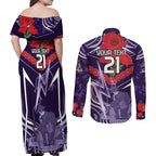 Custom Storm Rugby ANZAC Couples Matching Off Shoulder Maxi Dress and Long Sleeve Button Shirt Melbourne Gallipoli Soldier With Aboriginal Art