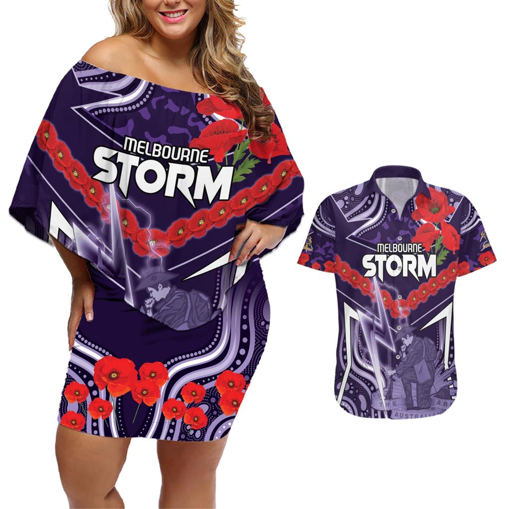 Custom Storm Rugby ANZAC Couples Matching Off Shoulder Short Dress and Hawaiian Shirt Melbourne Gallipoli Soldier With Aboriginal Art