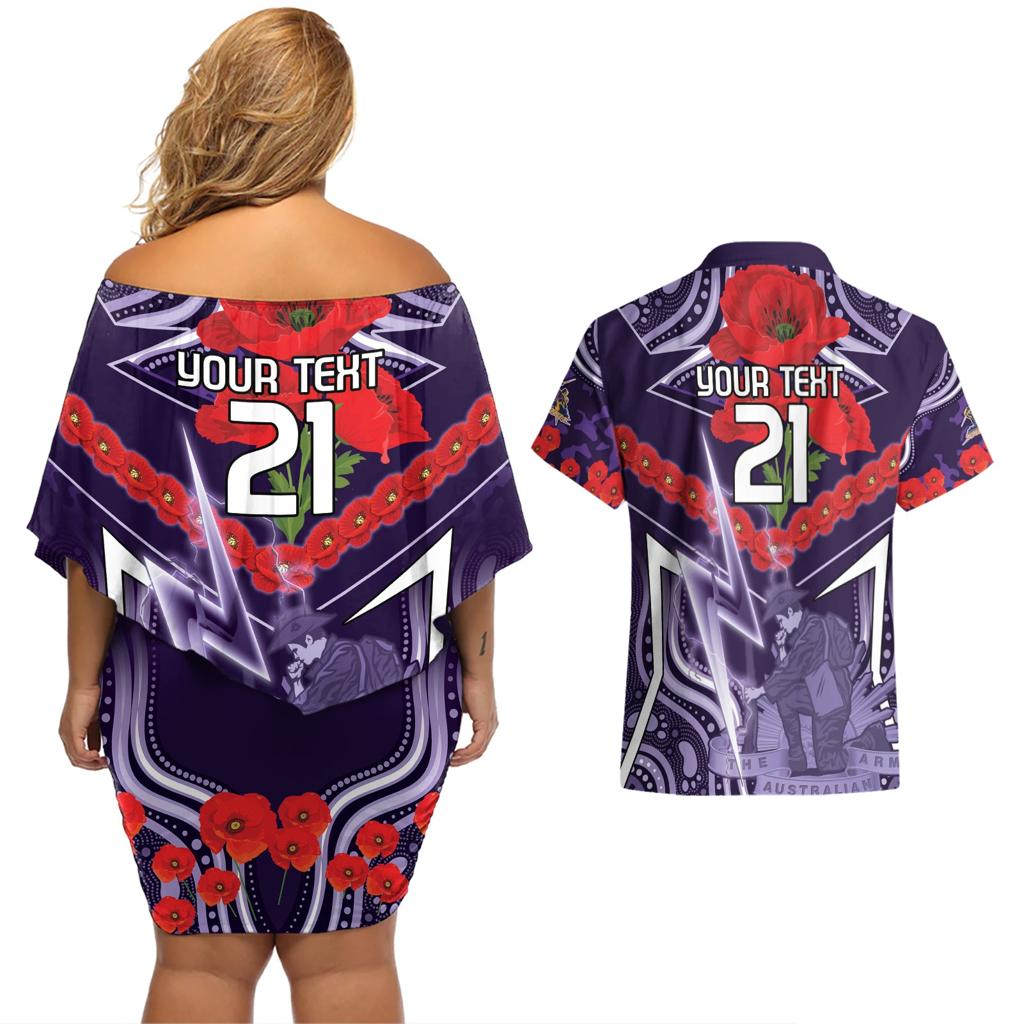 Custom Storm Rugby ANZAC Couples Matching Off Shoulder Short Dress and Hawaiian Shirt Melbourne Gallipoli Soldier With Aboriginal Art
