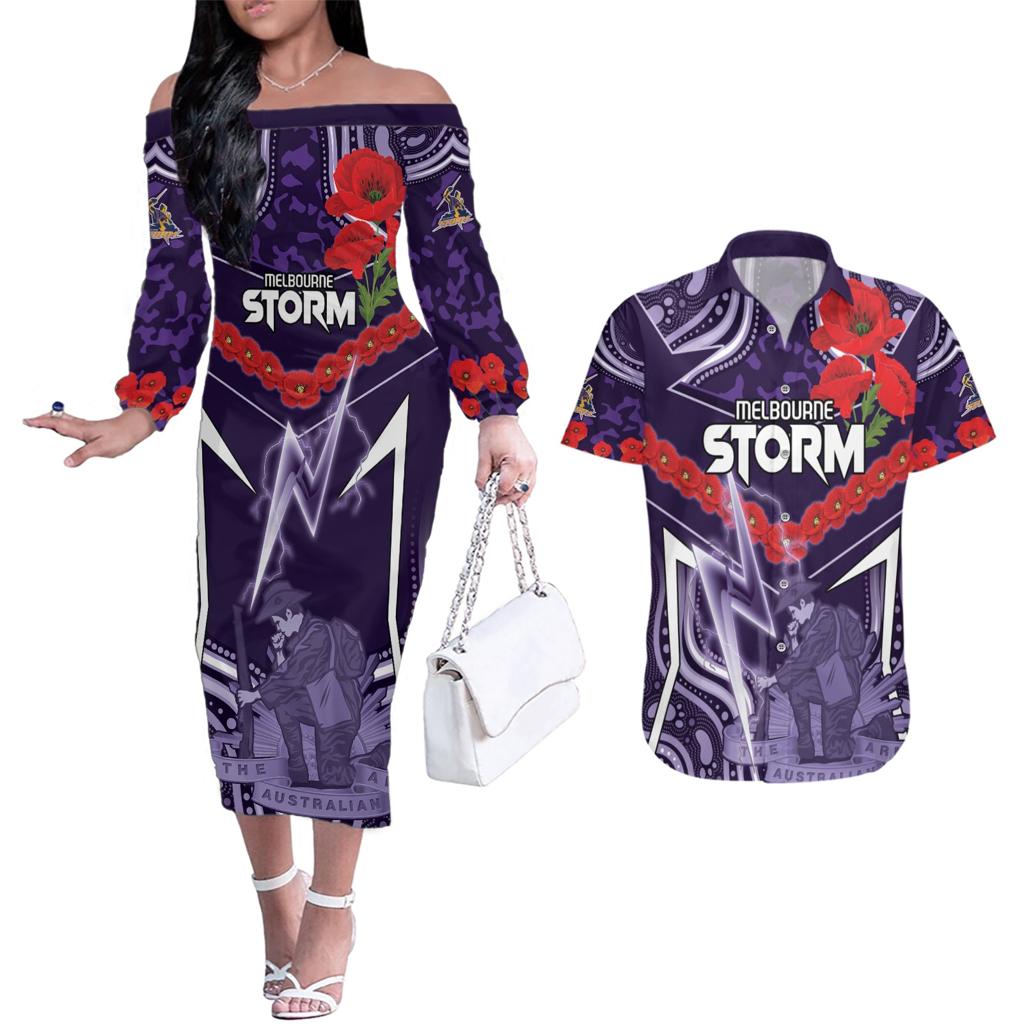 Custom Storm Rugby ANZAC Couples Matching Off The Shoulder Long Sleeve Dress and Hawaiian Shirt Melbourne Gallipoli Soldier With Aboriginal Art