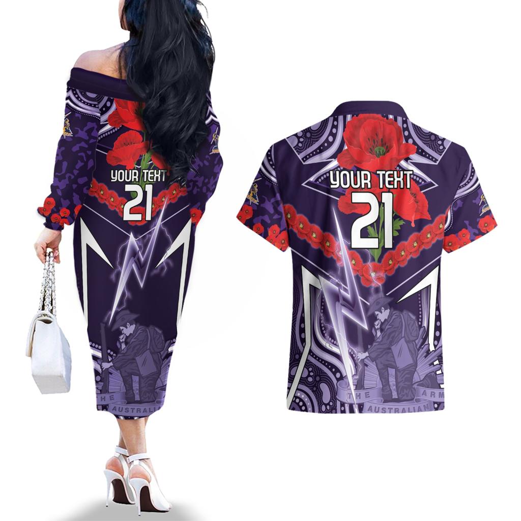 Custom Storm Rugby ANZAC Couples Matching Off The Shoulder Long Sleeve Dress and Hawaiian Shirt Melbourne Gallipoli Soldier With Aboriginal Art