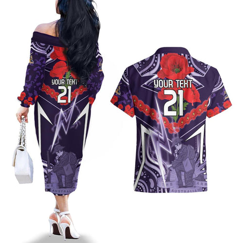 Custom Storm Rugby ANZAC Couples Matching Off The Shoulder Long Sleeve Dress and Hawaiian Shirt Melbourne Gallipoli Soldier With Aboriginal Art