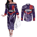 Custom Storm Rugby ANZAC Couples Matching Off The Shoulder Long Sleeve Dress and Long Sleeve Button Shirt Melbourne Gallipoli Soldier With Aboriginal Art