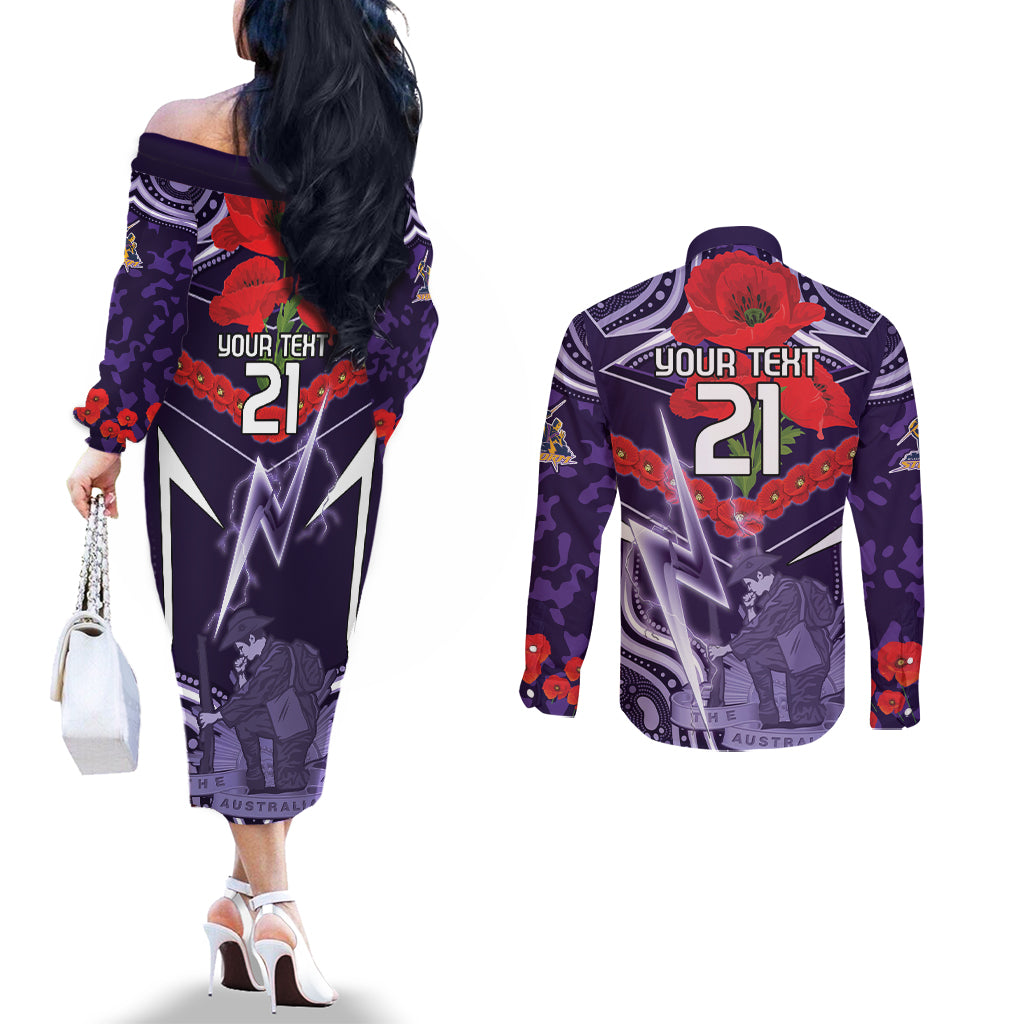 Custom Storm Rugby ANZAC Couples Matching Off The Shoulder Long Sleeve Dress and Long Sleeve Button Shirt Melbourne Gallipoli Soldier With Aboriginal Art