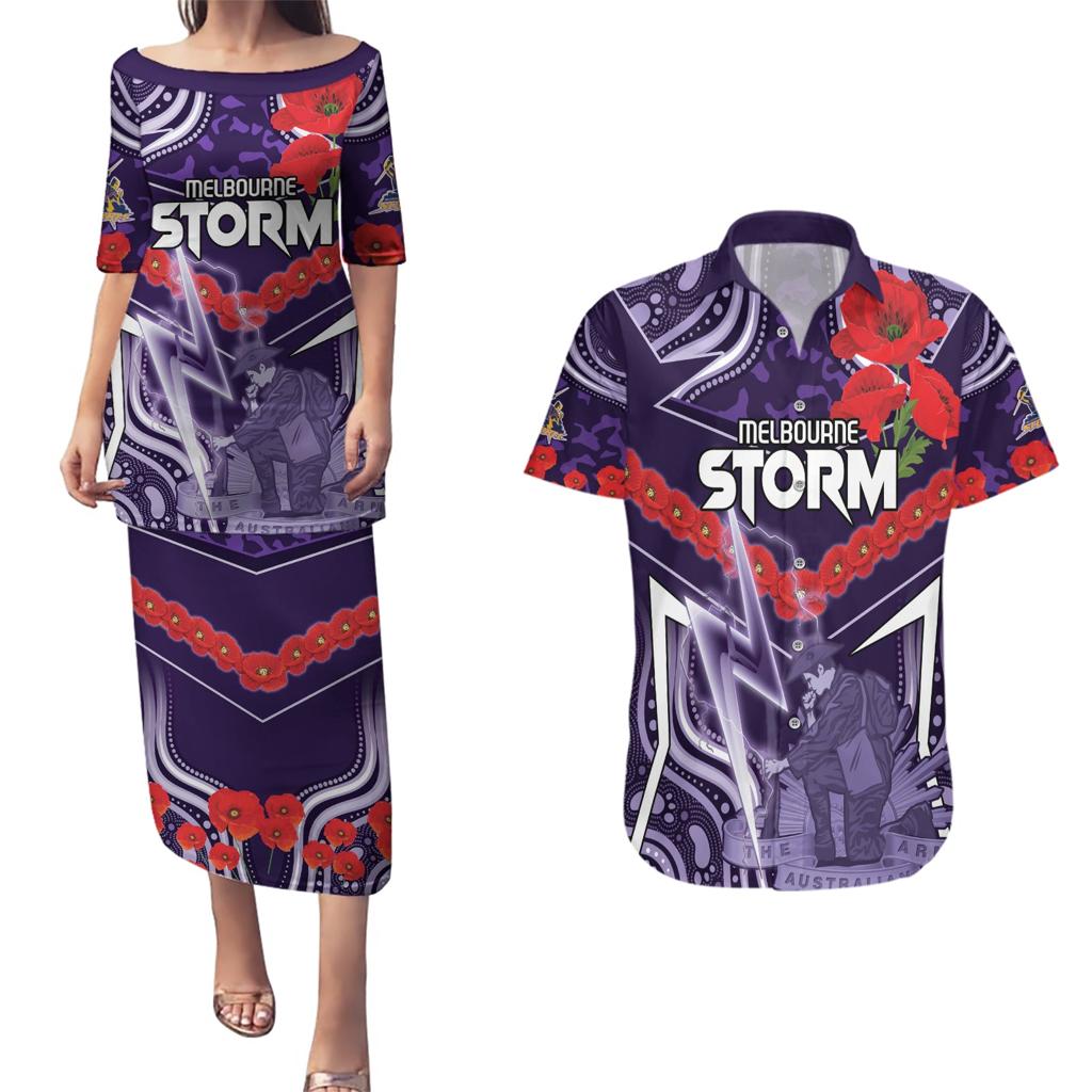 Custom Storm Rugby ANZAC Couples Matching Puletasi and Hawaiian Shirt Melbourne Gallipoli Soldier With Aboriginal Art
