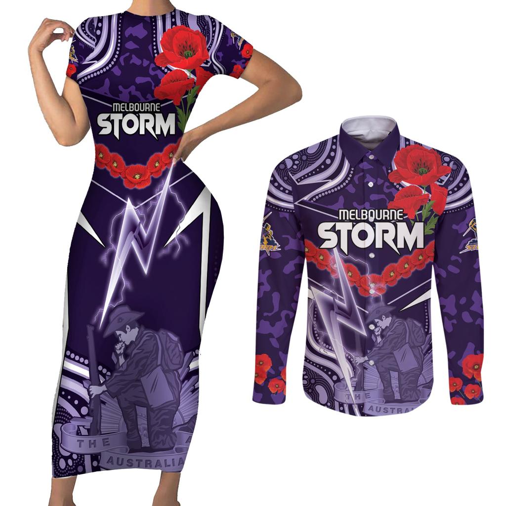 Custom Storm Rugby ANZAC Couples Matching Short Sleeve Bodycon Dress and Long Sleeve Button Shirt Melbourne Gallipoli Soldier With Aboriginal Art