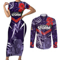 Custom Storm Rugby ANZAC Couples Matching Short Sleeve Bodycon Dress and Long Sleeve Button Shirt Melbourne Gallipoli Soldier With Aboriginal Art