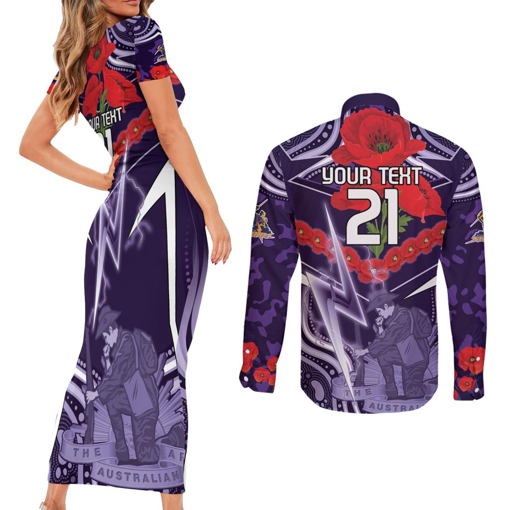 Custom Storm Rugby ANZAC Couples Matching Short Sleeve Bodycon Dress and Long Sleeve Button Shirt Melbourne Gallipoli Soldier With Aboriginal Art