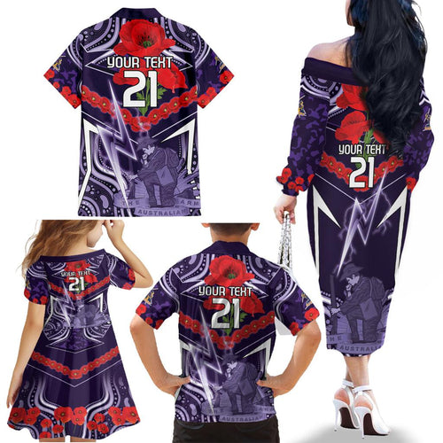 Custom Storm Rugby ANZAC Family Matching Off The Shoulder Long Sleeve Dress and Hawaiian Shirt Melbourne Gallipoli Soldier With Aboriginal Art