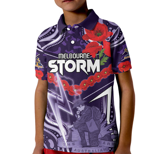 Custom Storm Rugby ANZAC Kid Polo Shirt Melbourne Gallipoli Soldier With Aboriginal Art