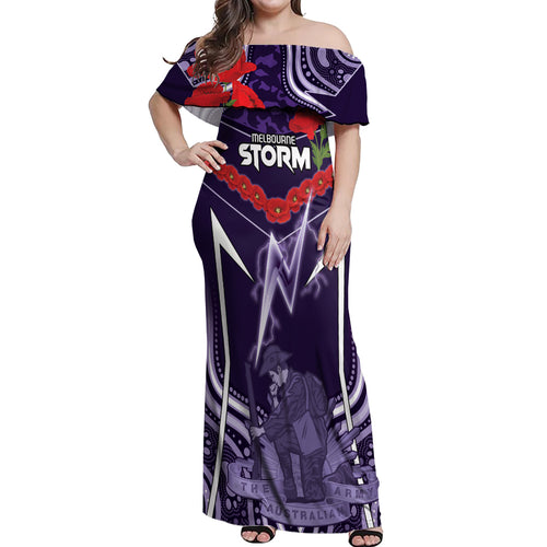 Custom Storm Rugby ANZAC Off Shoulder Maxi Dress Melbourne Gallipoli Soldier With Aboriginal Art
