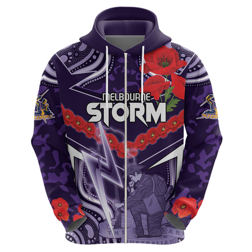 Custom Storm Rugby ANZAC Zip Hoodie Melbourne Gallipoli Soldier With Aboriginal Art