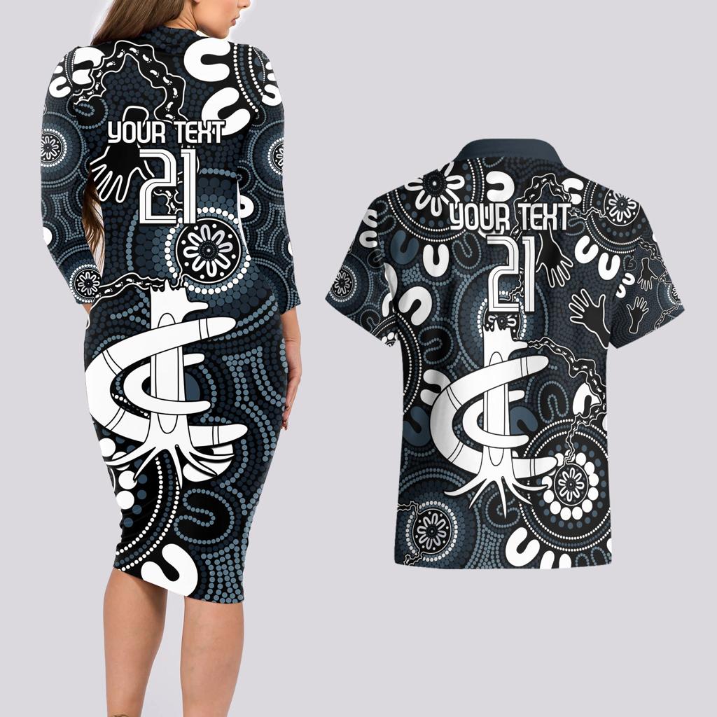 Custom Carlton Blues NAIDOC Week 2024 Couples Matching Long Sleeve Bodycon Dress and Hawaiian Shirt Fire Burning Aboriginal Dots Art