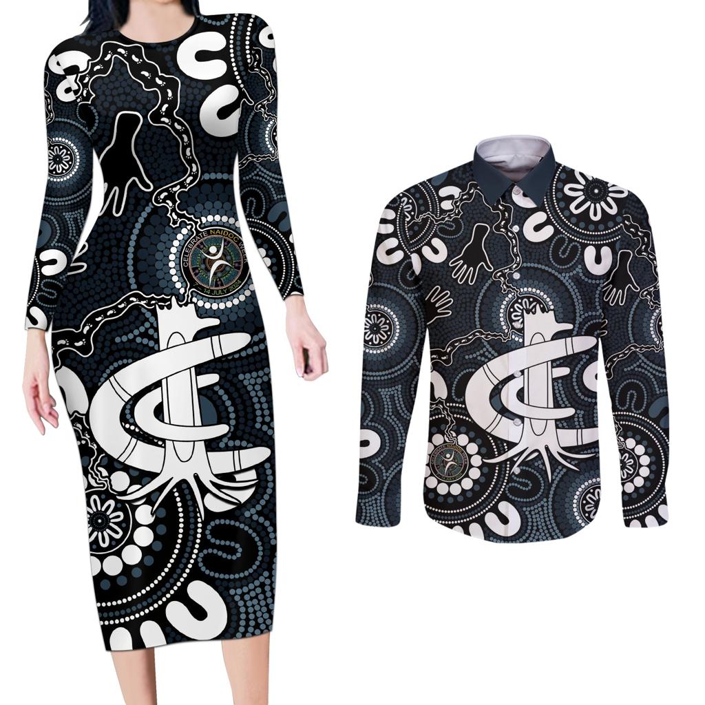 Custom Carlton Blues NAIDOC Week 2024 Couples Matching Long Sleeve Bodycon Dress and Long Sleeve Button Shirt Fire Burning Aboriginal Dots Art