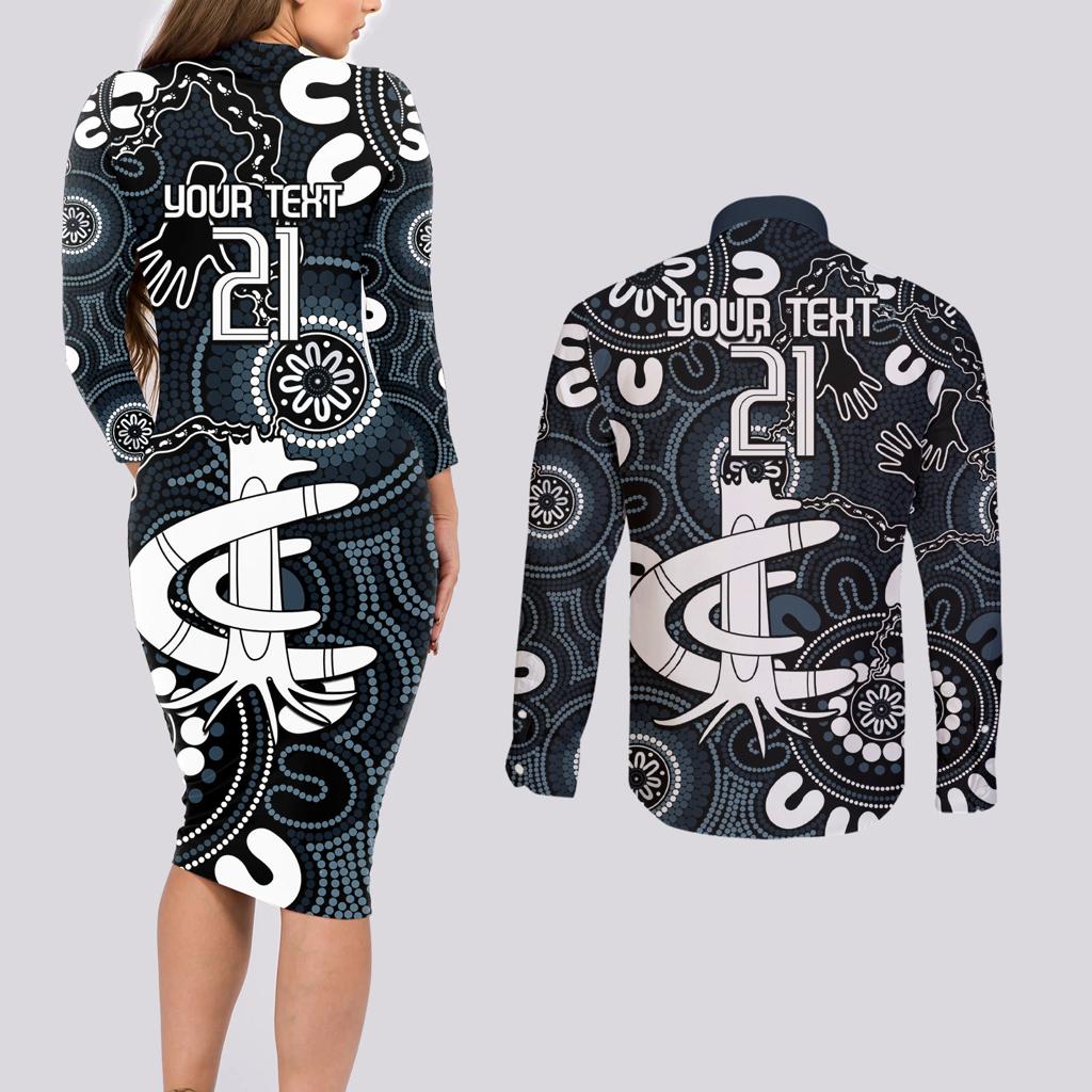Custom Carlton Blues NAIDOC Week 2024 Couples Matching Long Sleeve Bodycon Dress and Long Sleeve Button Shirt Fire Burning Aboriginal Dots Art