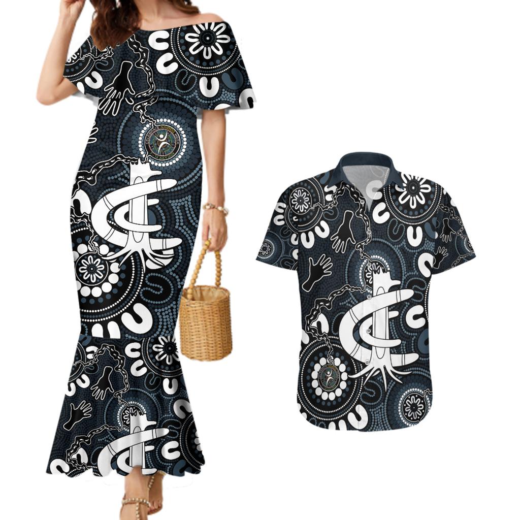Custom Carlton Blues NAIDOC Week 2024 Couples Matching Mermaid Dress and Hawaiian Shirt Fire Burning Aboriginal Dots Art