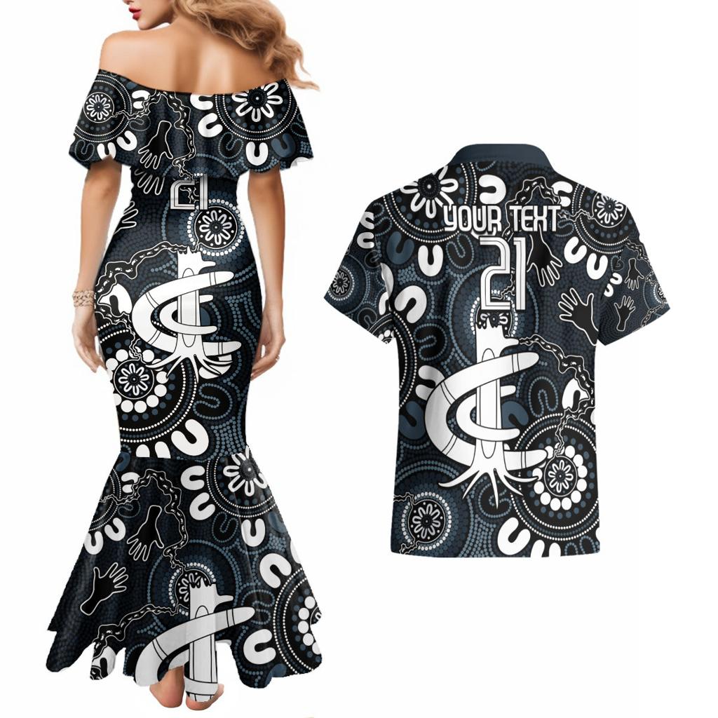 Custom Carlton Blues NAIDOC Week 2024 Couples Matching Mermaid Dress and Hawaiian Shirt Fire Burning Aboriginal Dots Art