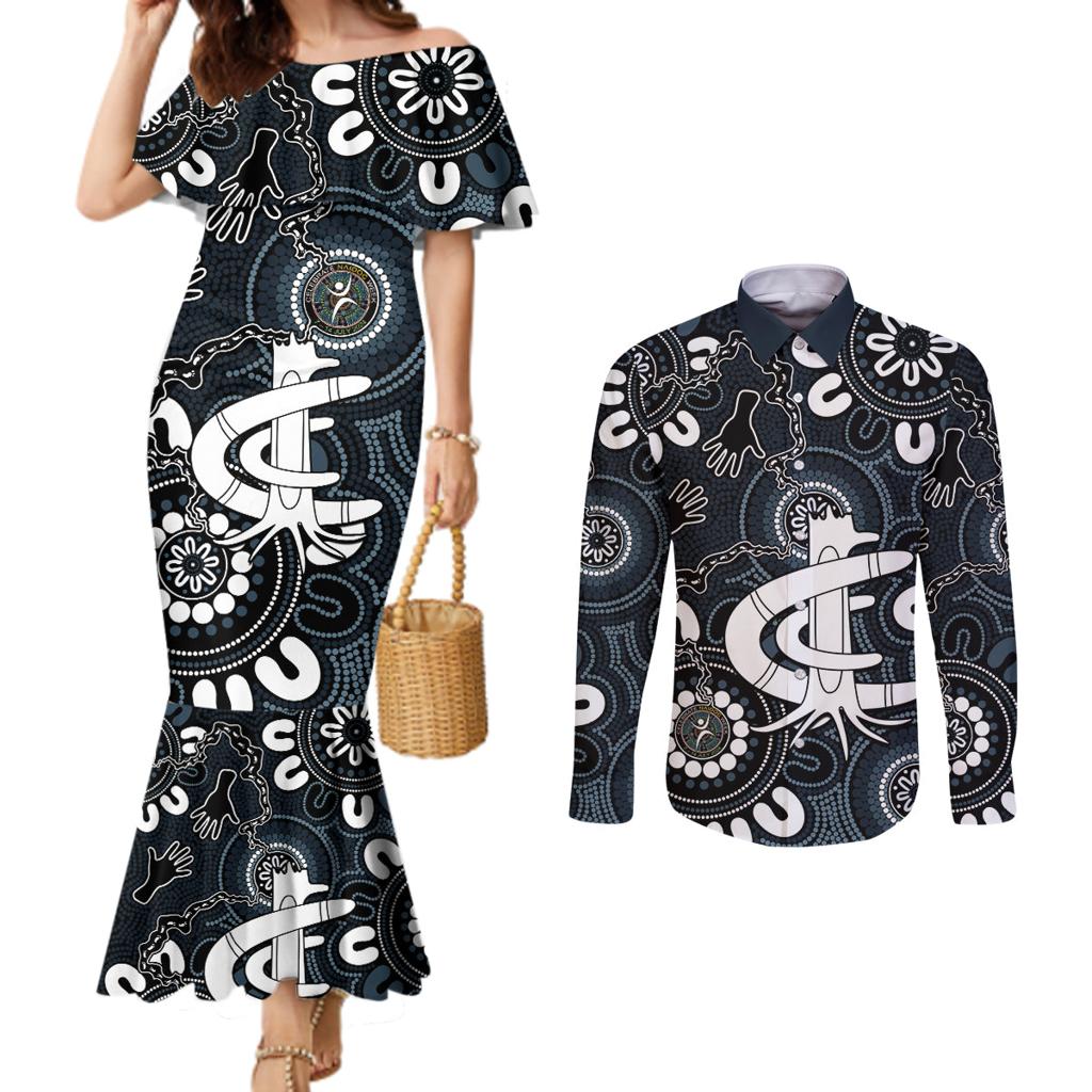Custom Carlton Blues NAIDOC Week 2024 Couples Matching Mermaid Dress and Long Sleeve Button Shirt Fire Burning Aboriginal Dots Art