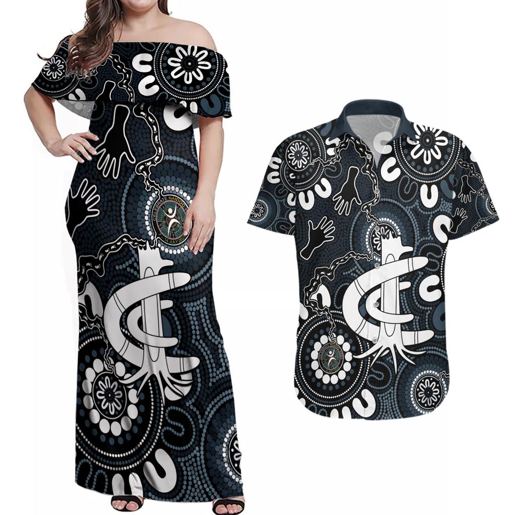 Custom Carlton Blues NAIDOC Week 2024 Couples Matching Off Shoulder Maxi Dress and Hawaiian Shirt Fire Burning Aboriginal Dots Art