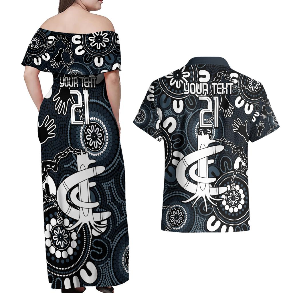 Custom Carlton Blues NAIDOC Week 2024 Couples Matching Off Shoulder Maxi Dress and Hawaiian Shirt Fire Burning Aboriginal Dots Art