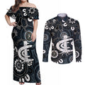 Custom Carlton Blues NAIDOC Week 2024 Couples Matching Off Shoulder Maxi Dress and Long Sleeve Button Shirt Fire Burning Aboriginal Dots Art