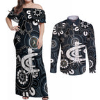 Custom Carlton Blues NAIDOC Week 2024 Couples Matching Off Shoulder Maxi Dress and Long Sleeve Button Shirt Fire Burning Aboriginal Dots Art