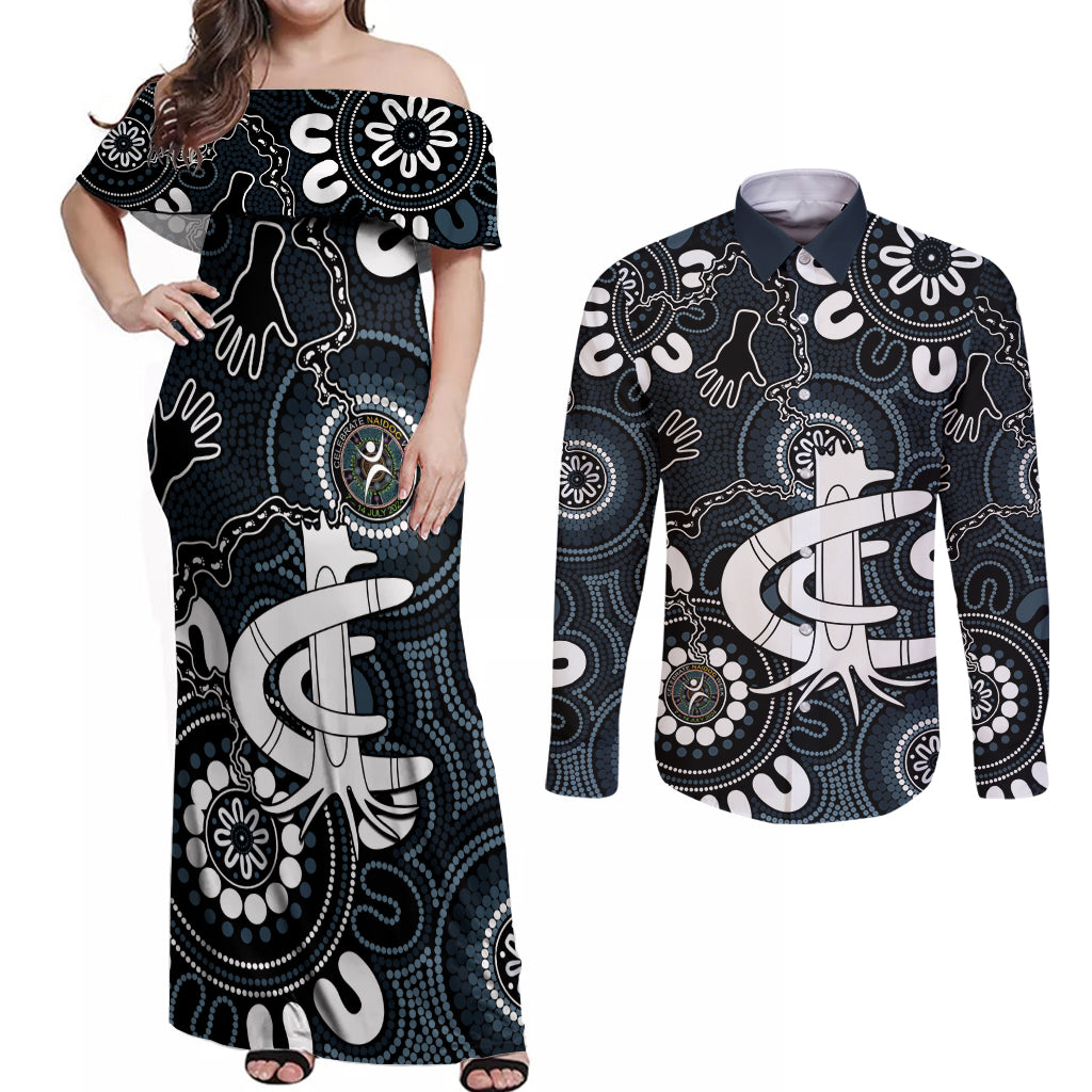 Custom Carlton Blues NAIDOC Week 2024 Couples Matching Off Shoulder Maxi Dress and Long Sleeve Button Shirt Fire Burning Aboriginal Dots Art