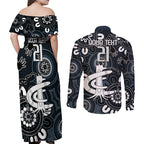 Custom Carlton Blues NAIDOC Week 2024 Couples Matching Off Shoulder Maxi Dress and Long Sleeve Button Shirt Fire Burning Aboriginal Dots Art