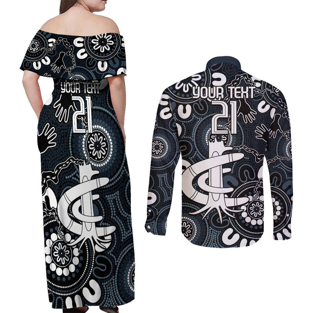 Custom Carlton Blues NAIDOC Week 2024 Couples Matching Off Shoulder Maxi Dress and Long Sleeve Button Shirt Fire Burning Aboriginal Dots Art