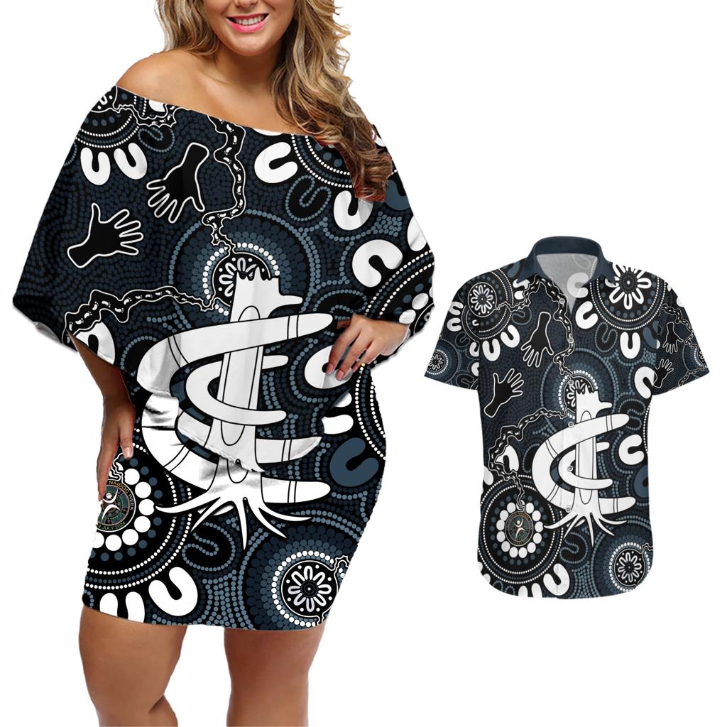 Custom Carlton Blues NAIDOC Week 2024 Couples Matching Off Shoulder Short Dress and Hawaiian Shirt Fire Burning Aboriginal Dots Art