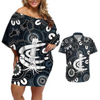 Custom Carlton Blues NAIDOC Week 2024 Couples Matching Off Shoulder Short Dress and Hawaiian Shirt Fire Burning Aboriginal Dots Art